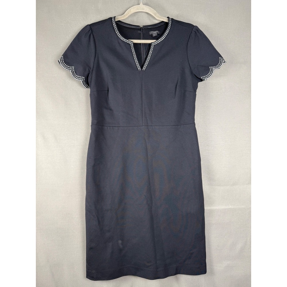 Ann Taylor Sheath Dress Women 8P Black Scalloped Embroidered Notch Neck Ponte